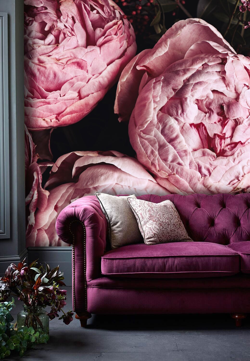 Juni - Peony Wall Mural, Vintage Botanical on a Dark Background ...