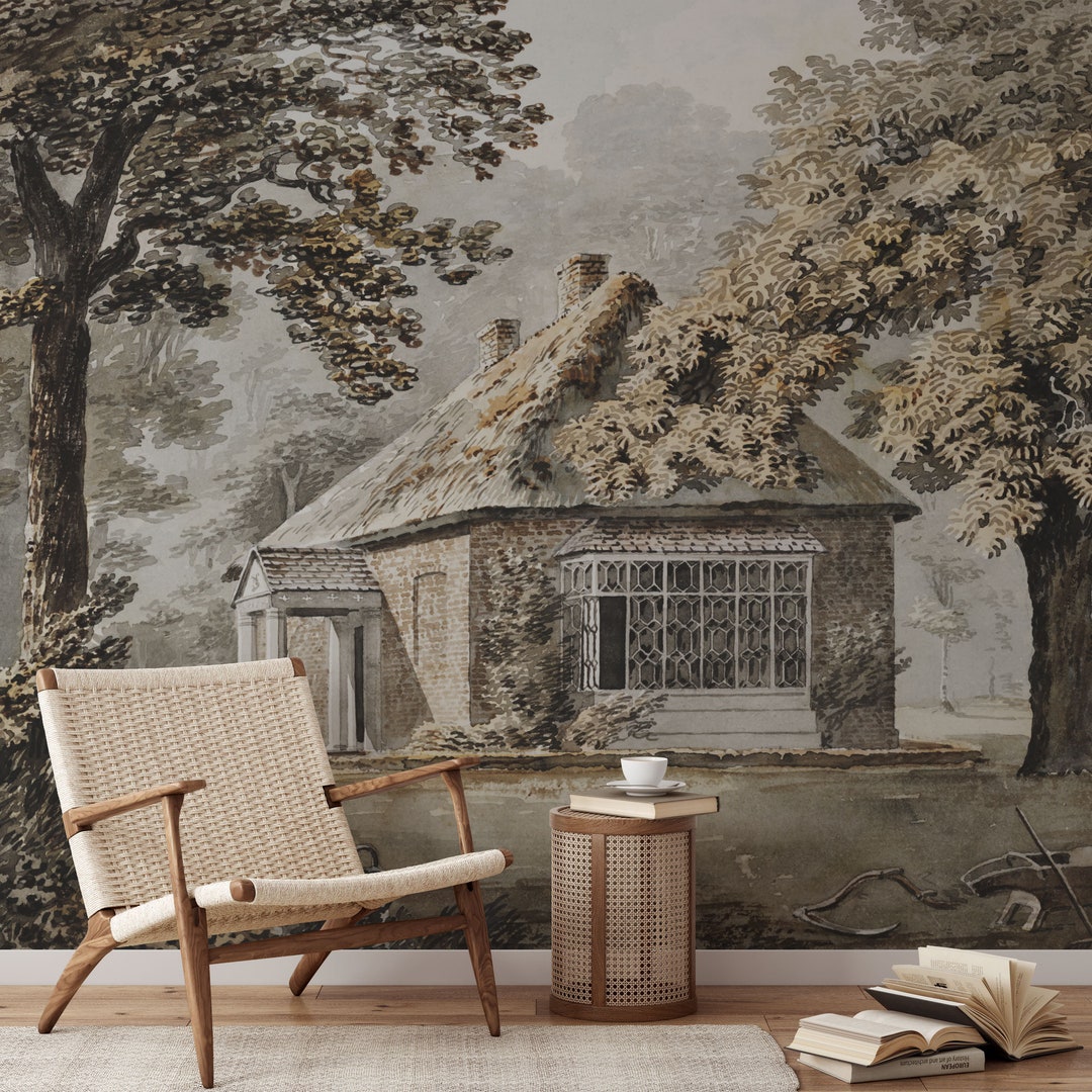 The Cottage House Wall Mural, Vintage Scenic Wallpaper, Hand-painted ...