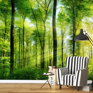 Sunbeam Through Trees Wall Mural, Rays of Light in the Forest Wall Mural, Nature Mural, Summer in the forest Wallpaper, Wall décor