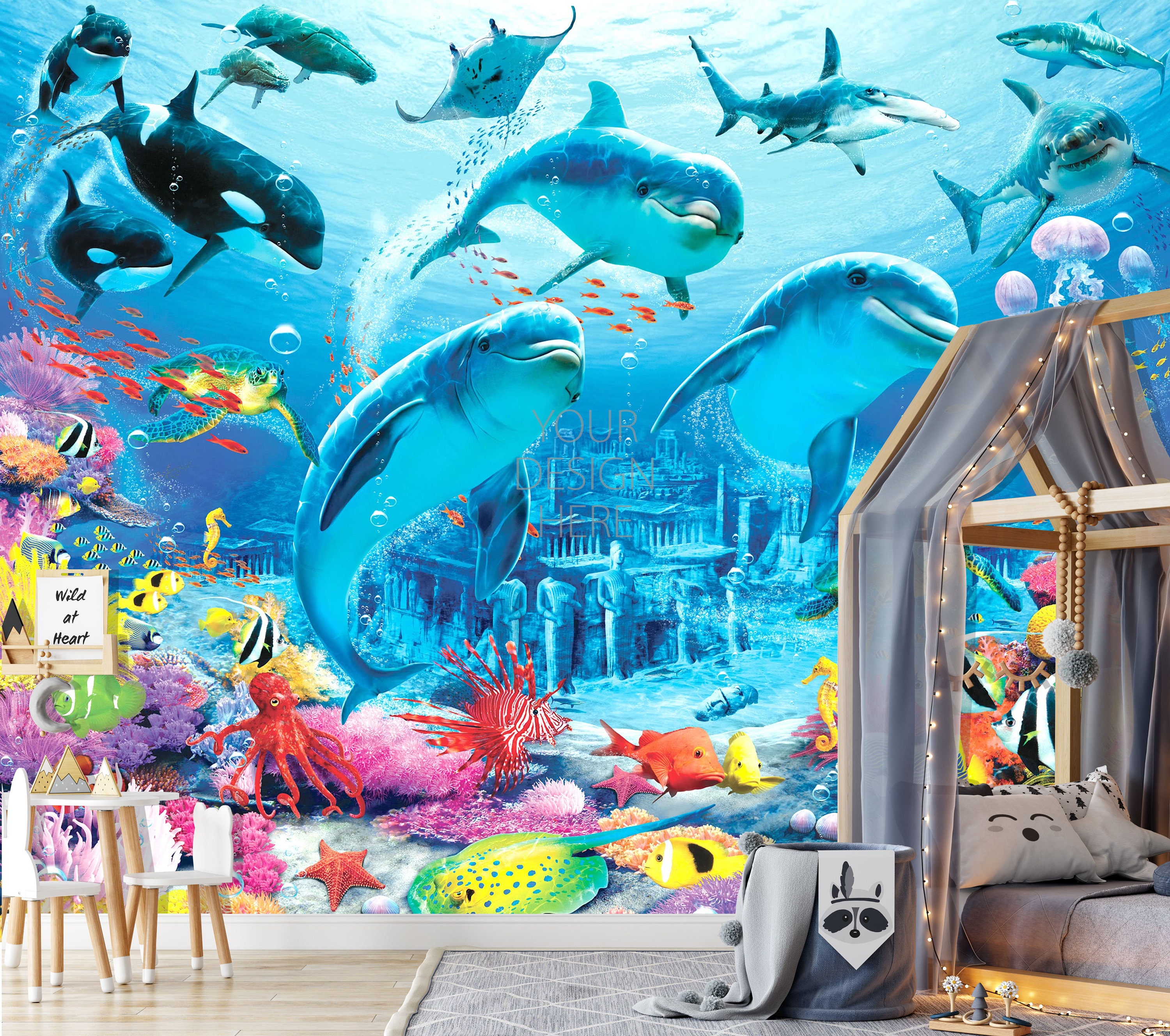 Sea Bottom Wall Mural Sea Bottom Wallpaper Dolphins And Orca Etsy