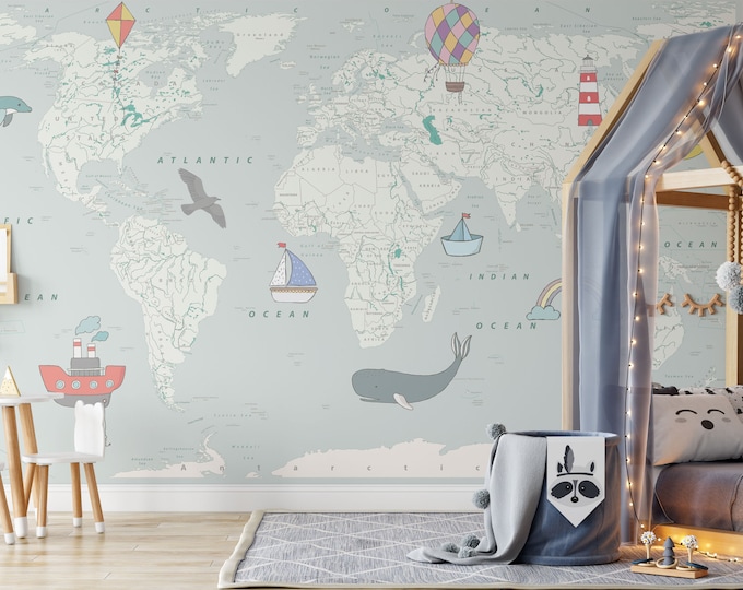 Beautiful Children World Map Wall Mural, Detailed Children World Map ...