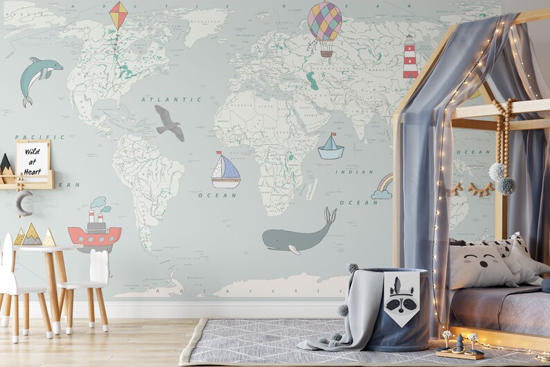 Beautiful Children World Map Wall Mural, Detailed Children World Map ...