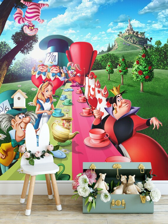 Alice In Wonderland 3 Wall Mural Alice Adventures In Wonderland Wallpaper Tea Party Wallpaper Wall Decal Nursery Decor Wall Art