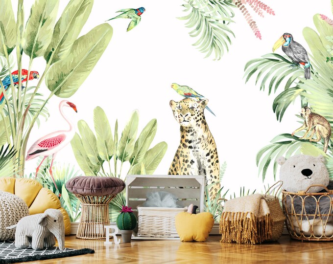 Sunny Jungle Wallpaper, Tropical Jungle Wall Mural, Safari Wall Décor ...