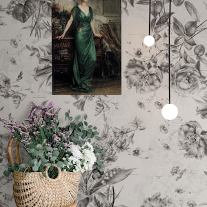Vintage Toile Mural, Vintage Floral Wallpaper, Peony Roses Wall Mural, Botanical Wallpaper, Nursery and room décor, Wall art