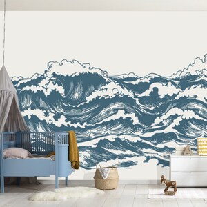 The New Wave Wall mural, Ocean Wall Mural, Sea Wallpaper, The Big Wave Wallpaper, Blue Contemporary Wall Mural, Wall decal, Wall art