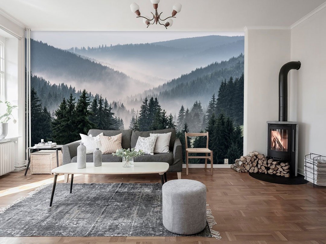 Forest Mountain Wall Mural, Mountain View Mural, Misty Forest Wallpaper ...