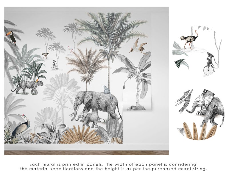 Jungle in Muted Colors Wall Mural, Monochrome Jungle Wall Mural ...