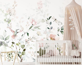 May include: A white crib with a beige canopy and a wooden play gym set against a wall mural featuring watercolor illustrations of pink flowers, green foliage, a hummingbird, a butterfly, and a dragonfly on a white background.