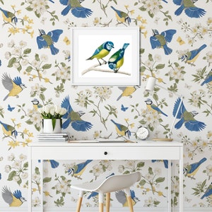 Cherry Blossom and Birds Wall Mural, Chinoiserie Wallpaper, Asian Style Wallpaper, Chinese Wallpaper, Chinoiserie Chic Nursery décor