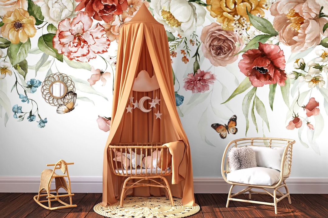 Boho Floral Bloom Wall Mural, Floral Cascade Wall Mural, Watercolor ...
