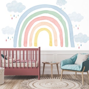 Décor mural arc-en-ciel aquarelle, décor mural arc-en-ciel multicolore et gouttes de pluie, papier peint arc-en-ciel aquarelle, décoration murale, décoration pour chambre et chambre de bébé