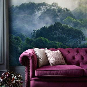 Rain Forest Mural, Mountain Rain-forest Mural, Misty Forest Wallpaper, Vintage Forest in Green Mural, Rainforest Mural, Nursery décor image 3