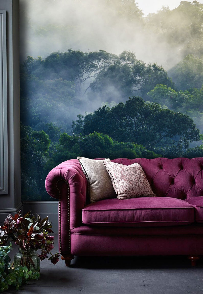 Rain Forest Mural, Mountain Rain-forest Mural, Misty Forest Wallpaper, Vintage Forest in Green Mural, Rainforest Mural, Nursery décor image 3