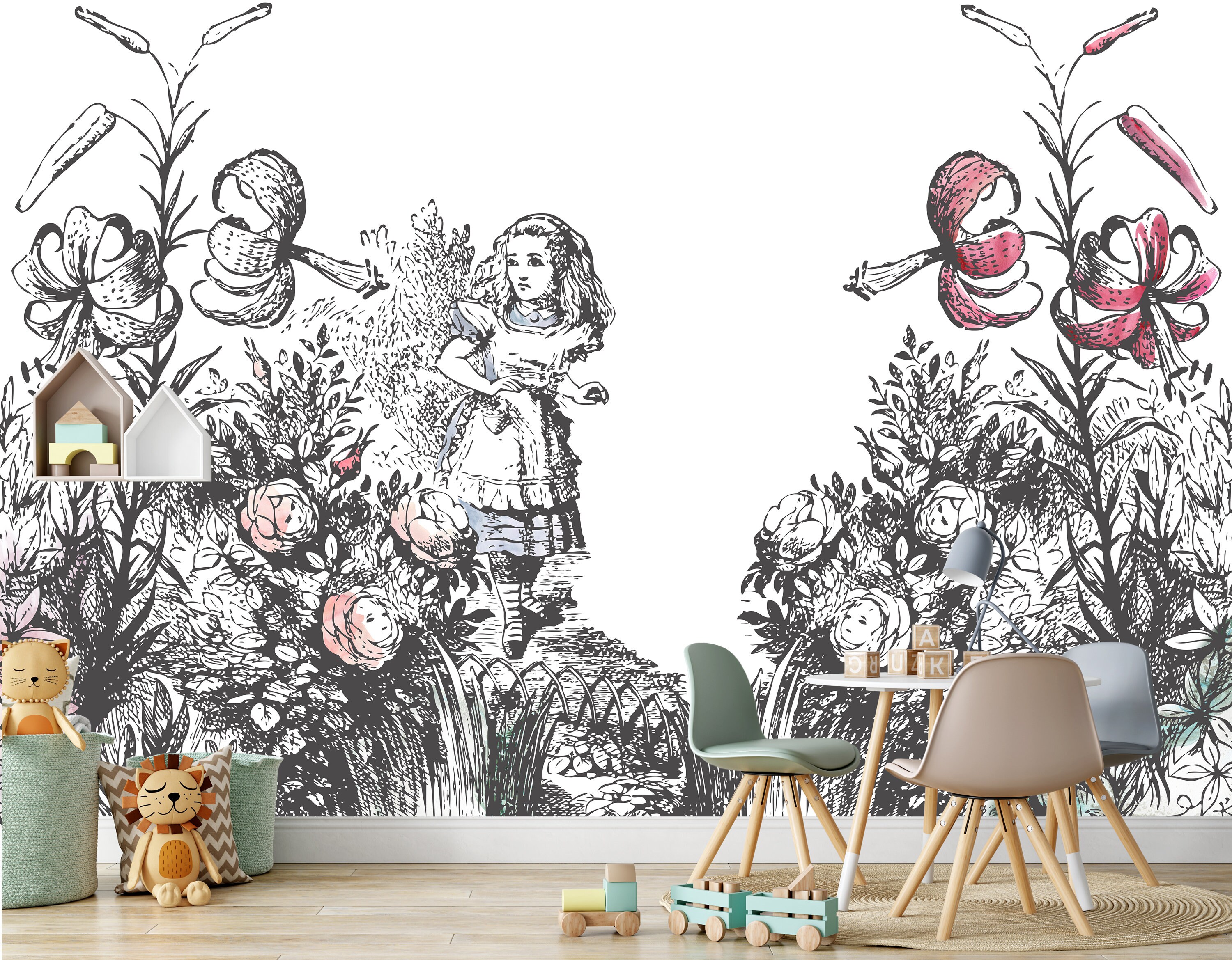 Alice In The Garden Of Live Flowers Wall Mural Alice In Etsy