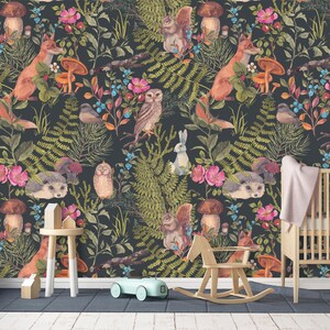 Forest Walk # 2 Wall Mural, Into the Woodlands Wall Mural, Forest Animals on Dark Background Wallpaper, Nursery décor