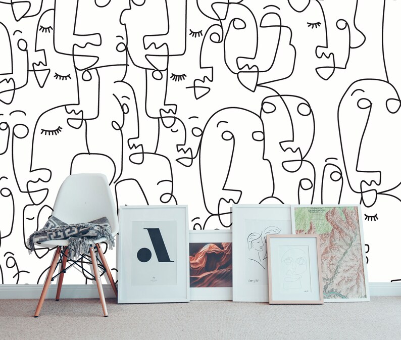 Abstract Faces Wall Mural Abstract Line Art Wallpaper Etsy