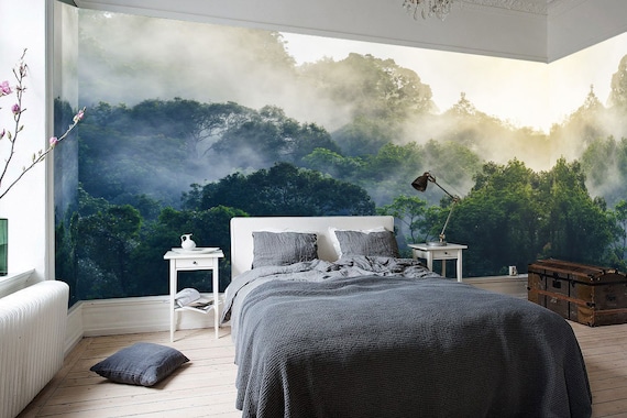 Rain Forest Mural, Mountain Rain-forest Mural, Misty Forest Wallpaper, Vintage Forest in Green Mural, Rainforest Mural, Nursery décor