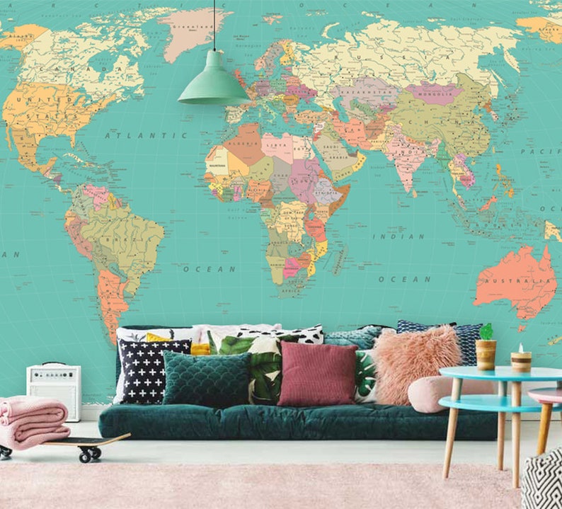 World Map Wall Mural In Pastel Bright Colors Detailed Wallpaper Décor Decal Nursery And Room Art