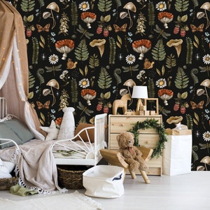 Dark Forest Plants Wall Mural, Moths and Mushrooms Wall Mural, Vintage Style Wallpaper, Vintage Botanical Wallpaper, Statement Wallpaper