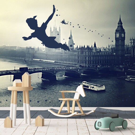 Peter Pan Wall Mural In Black And White Neverland Wallpaper Peter Pan Wallpaper Wall Decor Wall Decal Nursery And Room Decor Wall Art