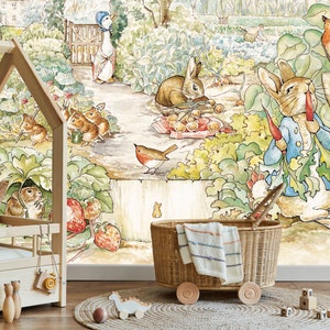 Peter the Rabbit Wall mural, Fairytale Wall Mural, Fairy Garden Wallpaper, Animals Wallpaper, Wall décor, Nursery and room décor, Wall art