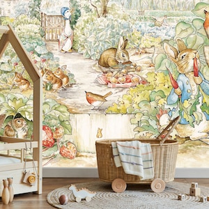 Peter the Rabbit Wall mural, Fairytale Wall Mural, Fairy Garden Wallpaper, Animals Wallpaper, Wall décor, Nursery and room décor, Wall art