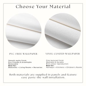 May include: A comparison chart titled Choose Your Material showing two white wallpaper options. The left circle shows PVC-free wallpaper with a smooth matte finish. The right circle shows vinyl coated wallpaper with a fine textured finish.