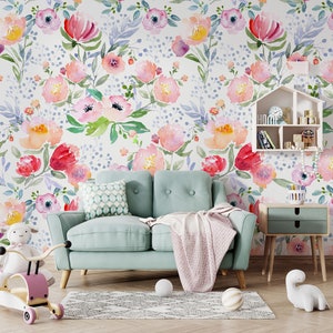 Thalia - Wild Flowers Wall Mural, Watercolor Floral Wallpaper, Delicate Floral Wallpaper, Nursery décor