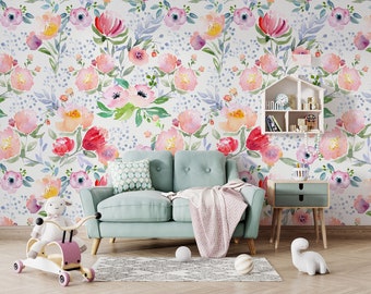 Thalia - Wild Flowers Wall Mural, Watercolor Floral Wallpaper, Delicate Floral Wallpaper, Nursery décor