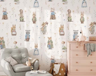 Mural de parede vintage em aquarela com floresta, papel de parede vintage com floresta, mural de parede com tema de bosque, papel de parede com animais da floresta, decoração para quarto de bebê