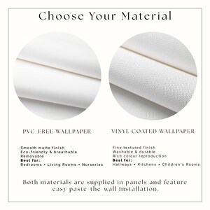 May include: A comparison chart titled Choose Your Material showing two white wallpaper options. The left circle displays PVC-free wallpaper with a smooth matte finish. The right circle displays vinyl coated wallpaper with a fine textured finish.