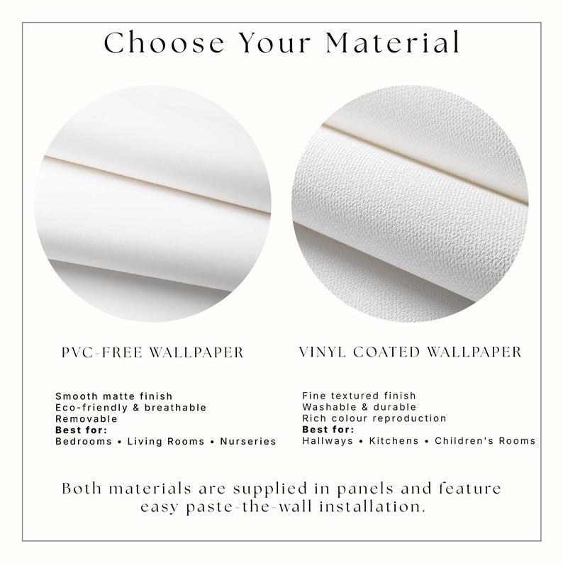 May include: A comparison chart titled Choose Your Material showing two white wallpaper options. The left circle displays PVC-free wallpaper with a smooth matte finish. The right circle displays vinyl coated wallpaper with a fine textured finish.