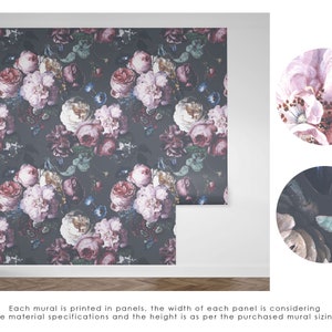May include: A wall mural featuring a dark charcoal gray background with a repeating pattern of large, blooming pink, white, and deep red roses, green leaves, and small blue flowers. Two circular insets show close-up details of the floral print.