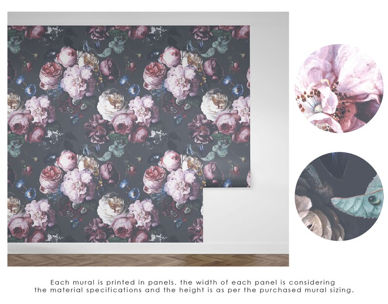 May include: A wall mural featuring a dark charcoal gray background with a repeating pattern of large, blooming pink, white, and deep red roses, green leaves, and small blue flowers. Two circular insets show close-up details of the floral print.