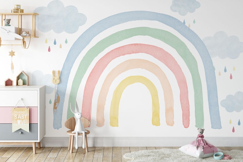 Watercolor Rainbow Wall Mural Colorful Rainbow and Raindrops Etsy