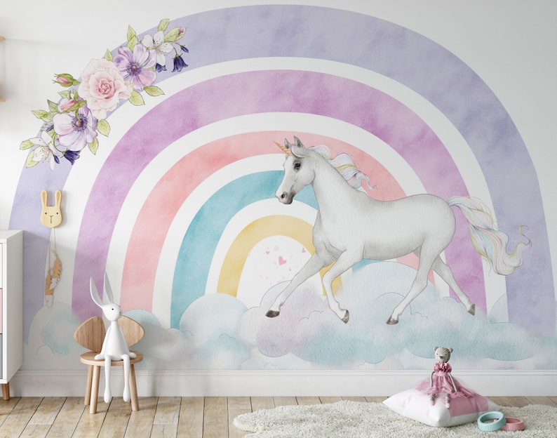 Unicorn Wall Mural Rainbow and Unicorn Wall Mural Watercolor - Etsy