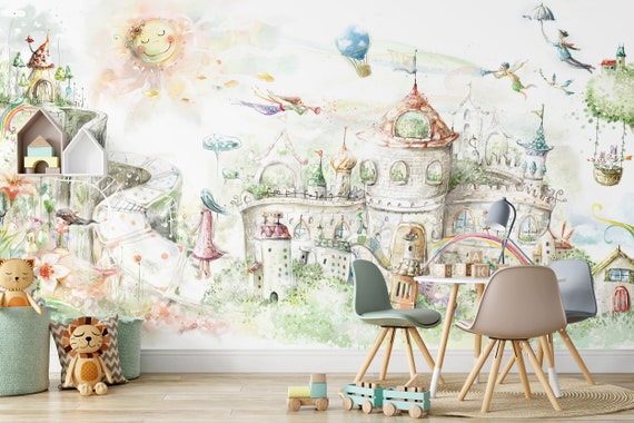 Fairy Tale Wall Mural, Magical Hill Wall Mural, Castle Wallpaper