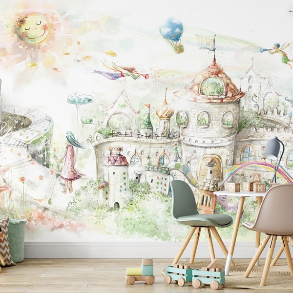 Fairy Tale Wall Mural, Magical Hill Wall Mural, Castle Wallpaper, Rainbow Wallpaper, Nursery Wall Décor, Wall art