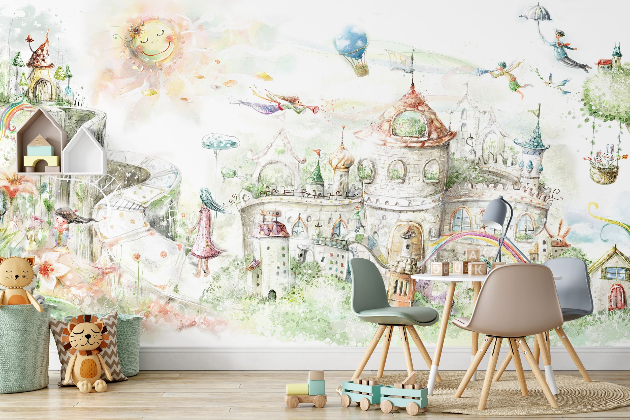 Fairy Tale Wall Mural, Magical Hill Wall Mural, Castle Wallpaper, Rainbow  Wallpaper, Nursery Wall Décor, Wall Art 