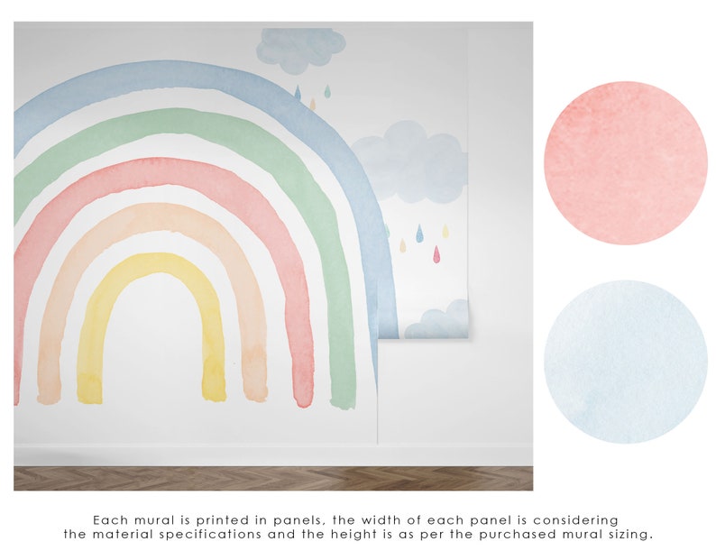 Watercolor Rainbow Wall Mural Colorful Rainbow and Raindrops Etsy