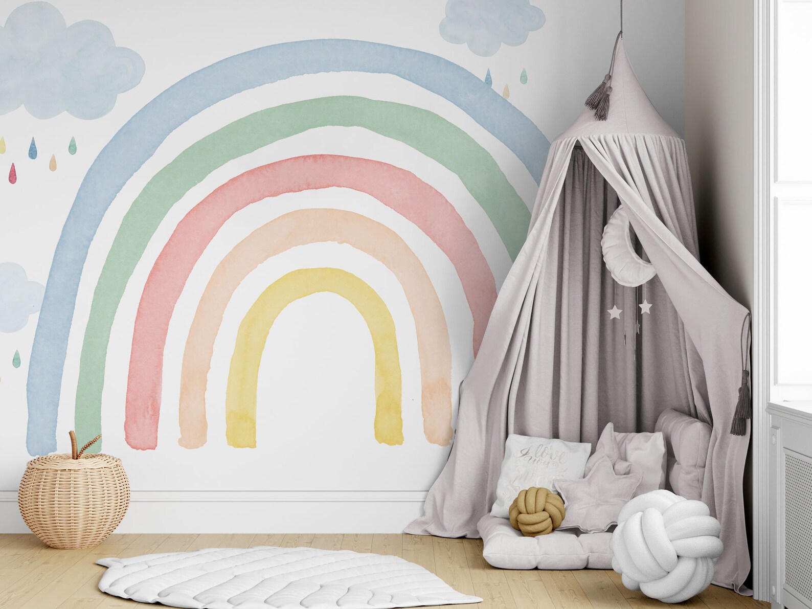 Watercolor Rainbow Wall Mural Colorful Rainbow and Raindrops Etsy