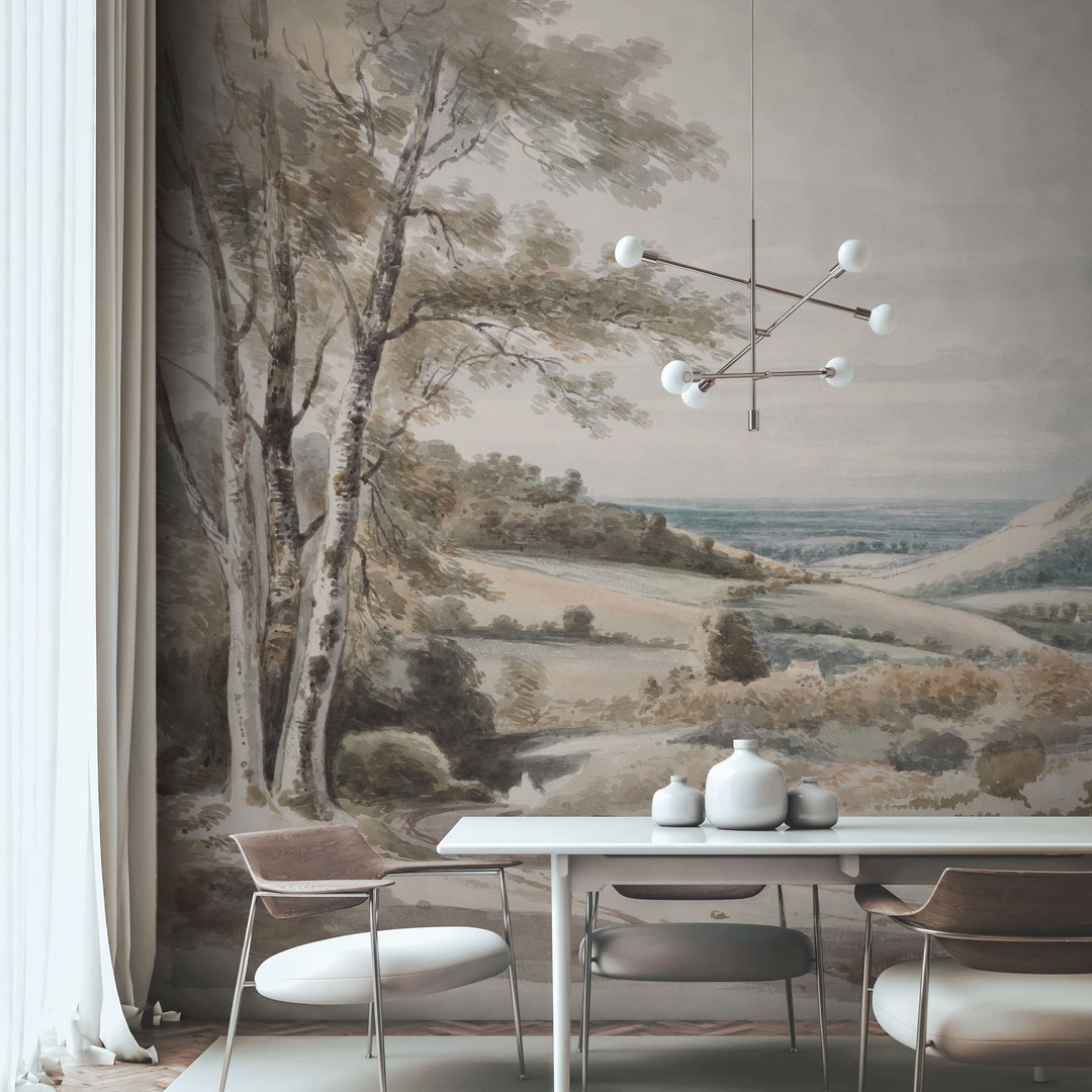 Vintage Landscape With Birch Trees Wall Mural, Scenic Wall Mural ...