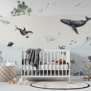 Murale a parete Sealife, Murale ad acquerello Ocean Wall, Carta da parati sotto il mare, Carta da parati Ocean Life, Nursery subacqueo e decorazione della stanza, Arte murale