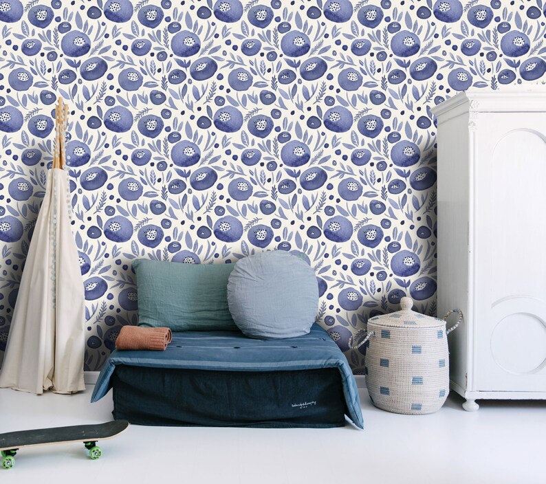 Royal Blue Floral Wall Mural Handpainted Navy Watercolor Etsy