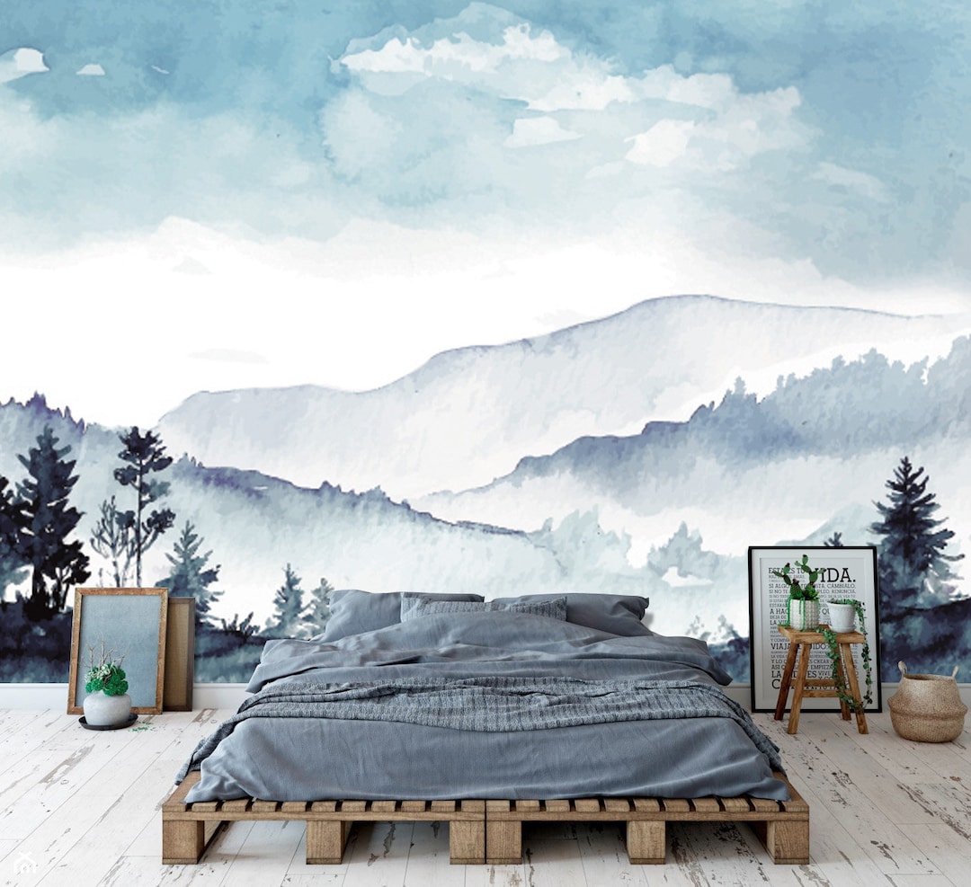 Watercolor Mountain Forest in Muted Blue, Navy and Grey Colors Wall