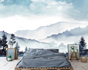 Watercolor Mountain Forest in Muted Blue, Navy and Grey Colors Wall Mural, Misty Mountain forests mural, Peel and Stick Mural, Nursery Decor