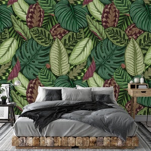 Foliage of the Mysterious Jungle Wall Mural, Tropical Leaves Wall Mural, Exotic Leaves Wallpaper, Palm Leaves Wallpaper, Nursery décor