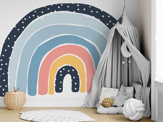 Let's Chase Rainbows Wall Mural, Seven Colours of the Rainbow Wallpaper, Rainbow in Blue Wallpaper, Boy's Nursery and room décor, Wall art