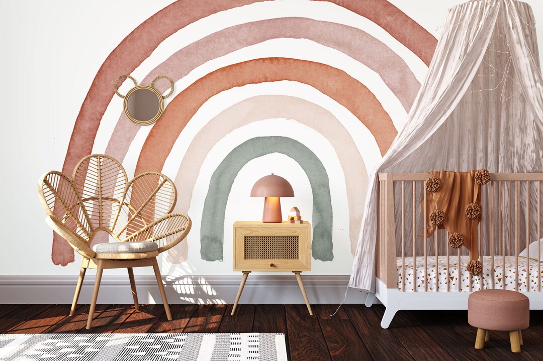 Watercolor Rainbow in Earthy Tones Wall Mural, Boho Style Rainbow Wall ...